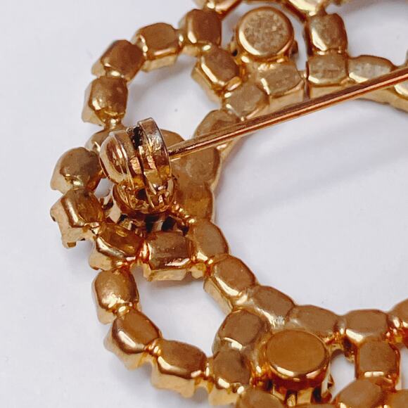 Vintage 50s 60s Mid Century Rhinestone Rosette Circle Brooch Gold Tone Sparkling - Picture 7 of 10